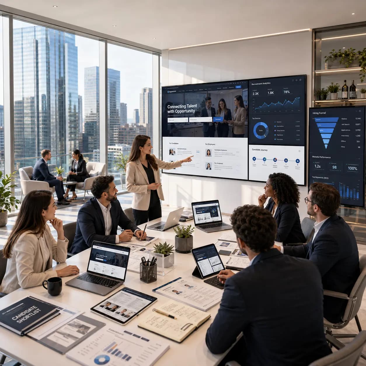 Recruitment agency team reviewing a candidate-focused website