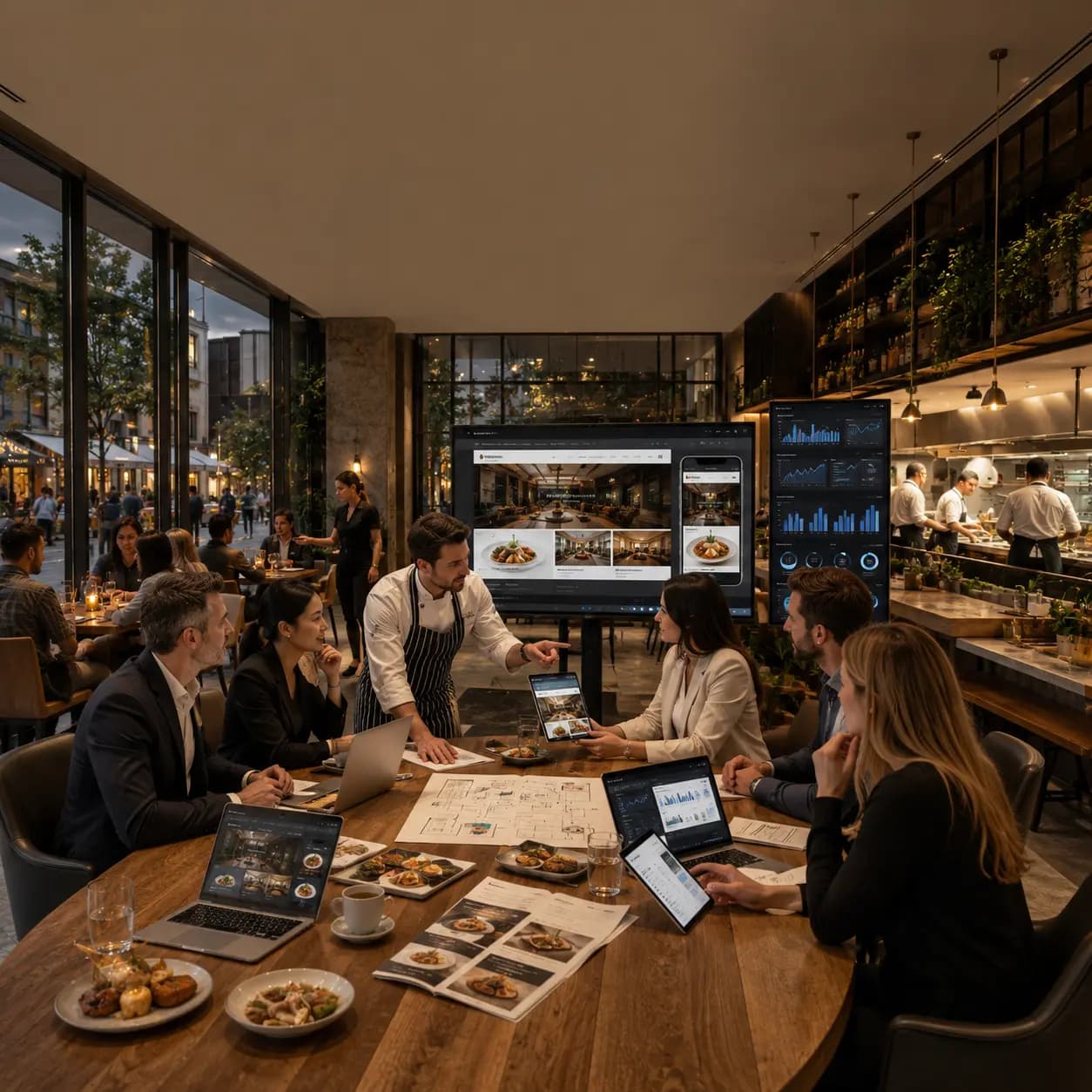 Restaurant team reviewing a modern digital menu and booking website