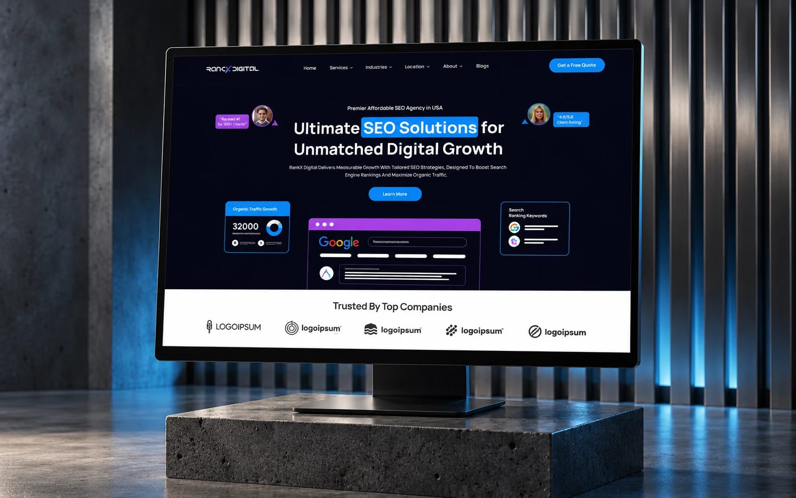 RankX Digital’s existing website design displayed on a monitor in a charcoal and brushed-steel studio.