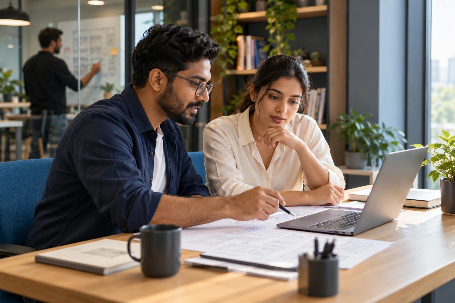 AI-created planning session with two professionals reviewing a workflow at a sunlit studio desk.