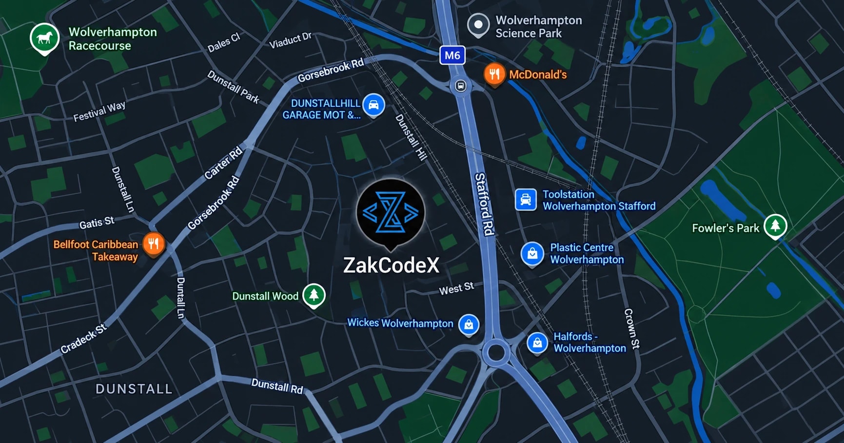 Map showing the ZakCodeX office near Dunstall Hill in Wolverhampton, UK.