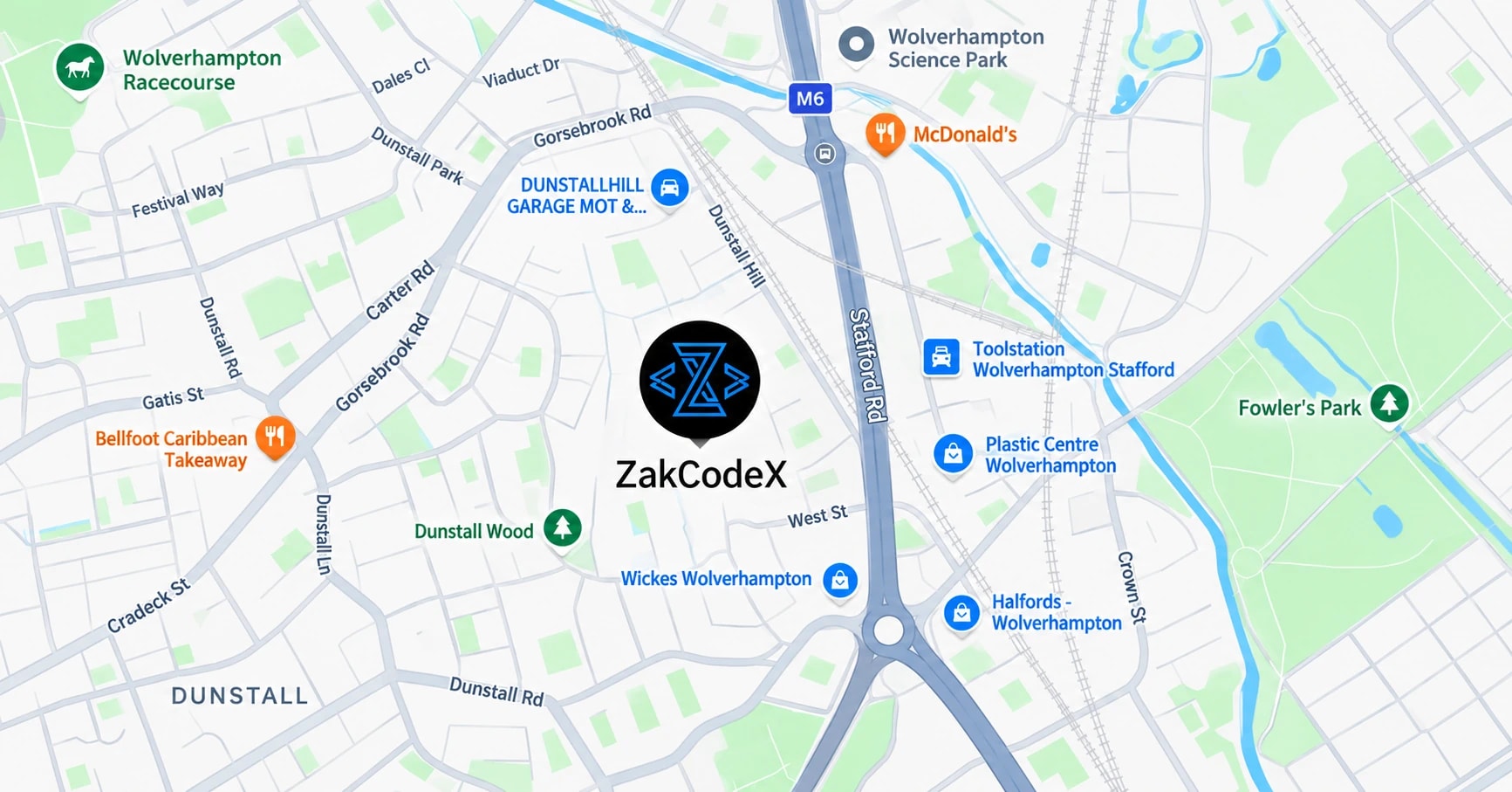 Map showing the ZakCodeX office near Dunstall Hill in Wolverhampton, UK.