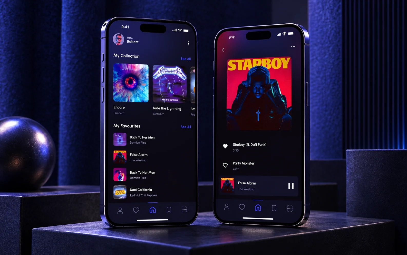 Smart Album’s existing collection and album interface designs on two phones in an indigo acoustic studio.