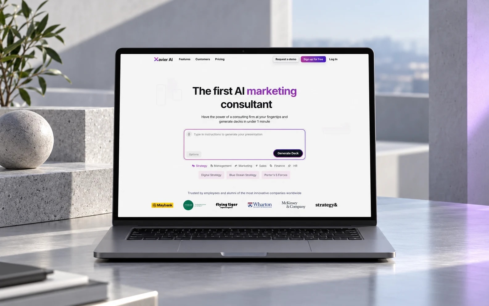 Xavier AI’s existing website on a laptop in a brushed aluminium and pearl-grey studio setting.