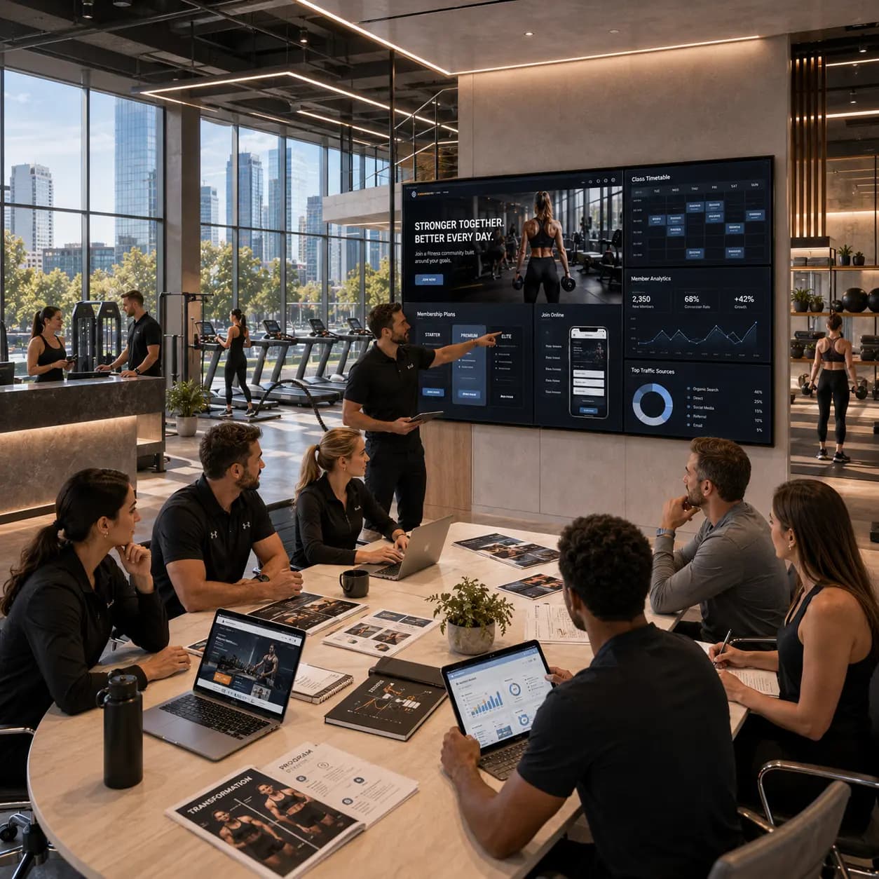 Fitness business team reviewing a modern gym website design